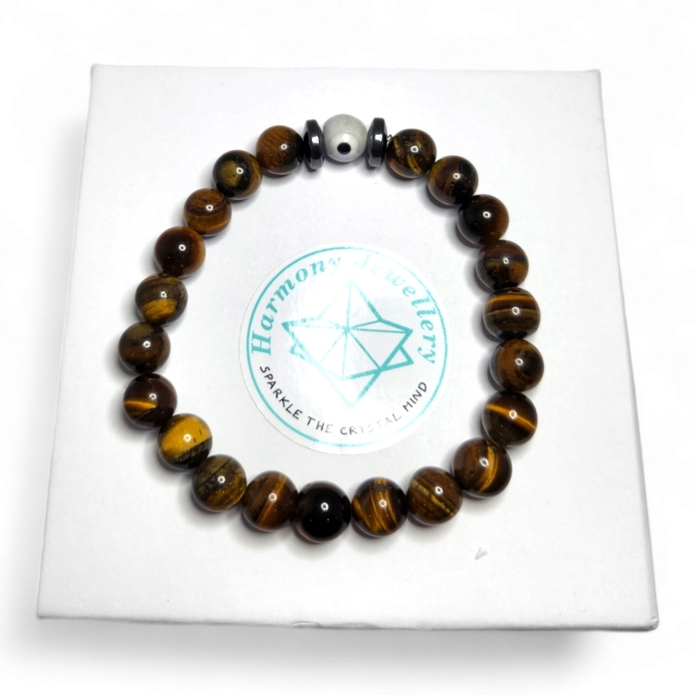 8 mm Tiger Eye Bracelet with Evil Eye symbol